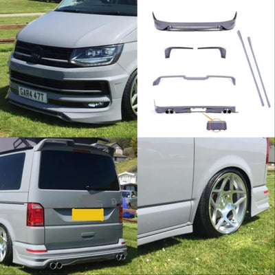 Volkswagen Transporter T6 echipat cu kit exterior complet ABT – vedere frontală, laterală și spate pe fundal de iarbă, cu bara față, bara spate, praguri laterale, spoiler acoperiș și ornamente evacuare montate.