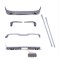 Pachet exterior complet ABT pentru VW Transporter T6 – prezentare piese individuale: bară față, bară spate cu ieșiri duble evacuare, praguri laterale, spoiler acoperiș, ornamente și accesorii montaj.