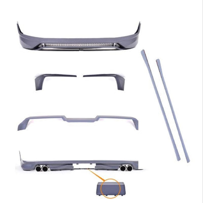 Pachet exterior complet ABT pentru VW Transporter T6 – prezentare piese individuale: bară față, bară spate cu ieșiri duble evacuare, praguri laterale, spoiler acoperiș, ornamente și accesorii montaj.