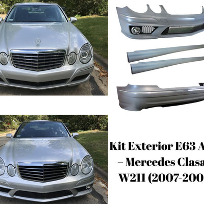 Mercedes Clasa E W211 facelift echipat cu kit exterior E63 AMG aftermarket – vedere frontală a rezultatului final după instalare.