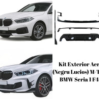 Imagine frontală a unui BMW Seria 1 F40 fără elemente de tuning, evidențiind designul original al barei față. Util pentru a compara modificările aduse de kitul Aero M-Tech. 
