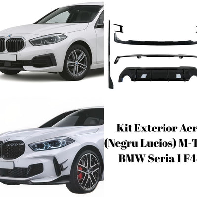 Fotografie frontală cu montaj complet al kitului Aero M-Tech negru lucios pe BMW Seria 1 F40. Include splitter față și ornamente laterale pentru un look sportiv. Ideal pentru pasionații de tuning