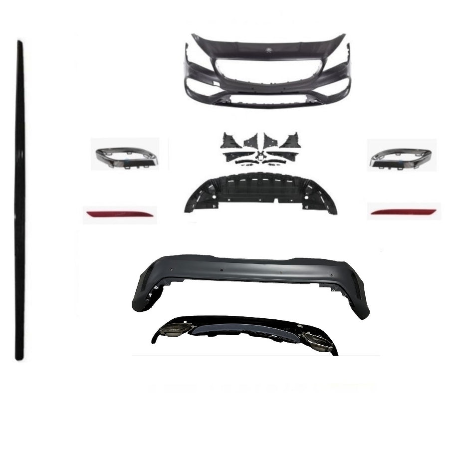 Kit exterior complet pentru Mercedes CLA W117 AMG Look – bară față și spate, difuzor sport, extensii praguri, ornamente și accesorii montaj. Produs aftermarket.
