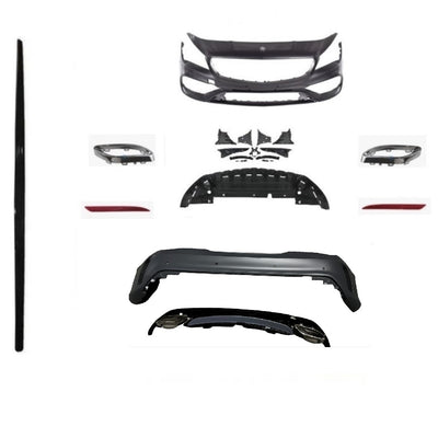 Kit exterior complet pentru Mercedes CLA W117 AMG Look – bară față și spate, difuzor sport, extensii praguri, ornamente și accesorii montaj. Produs aftermarket.