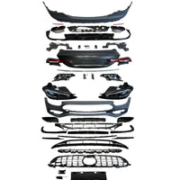 Pachet exterior complet AMG 63S Look pentru Mercedes Clasa E W213 (2016–2019), include bare, grile, faruri, stopuri, capac portbagaj și ornamente evacuare