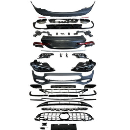 Pachet exterior complet AMG 63S Look pentru Mercedes Clasa E W213 (2016–2019), include bare, grile, faruri, stopuri, capac portbagaj și ornamente evacuare