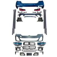 Kit complet exterior M-Tech G30 LCI pentru BMW Seria 5 G30 (2017-2020) – include bare față și spate, grile față, faruri LED, stopuri, praguri laterale și difuzoare. Set ideal pentru conversie completă la look M-Tech facelift.