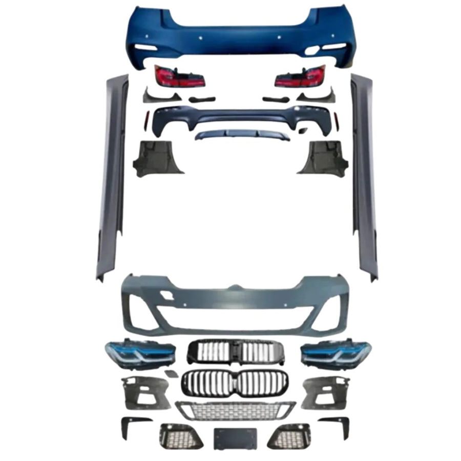 Kit complet exterior M-Tech G30 LCI pentru BMW Seria 5 G30 (2017-2020) – include bare față și spate, grile față, faruri LED, stopuri, praguri laterale și difuzoare. Set ideal pentru conversie completă la look M-Tech facelift.