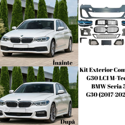 Conversie frontală BMW Seria 5 G30 (2017-2020) cu kit exterior M-Tech G30 LCI – comparație vizuală înainte și după montaj. Transformare completă cu bara față sport, faruri LED moderne, grile negru lucios și elemente aerodinamice inclus