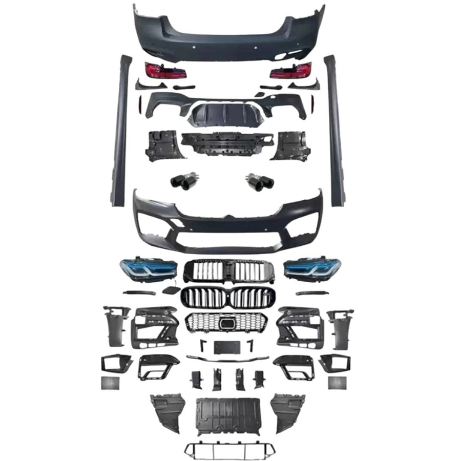 Kit exterior complet M5 LCI pentru BMW Seria 5 G30 (2017–2020) – toate piesele incluse
Descoperă în detaliu componentele pachetului de conversie M5 LCI pentru BMW G30. Setul include bara față, bara spate, grile, faruri, stopuri, evacuări sport, praguri și elemente aerodinamice. Perfect pentru un upgrade vizual complet și agresiv.