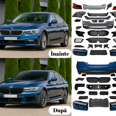 Transformare vizuală BMW G30 cu pachet exterior complet M5 LCI – înainte și după montaj
Comparație vizuală a BMW Seria 5 G30 în versiunea standard versus upgrade complet cu kit M5 LCI. Pe partea dreaptă sunt prezentate piesele reale utilizate pentru conversie: faruri, bara față, grile, bara spate și difuzor.