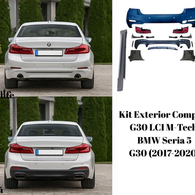Upgrade estetic spate BMW G30 cu bară sport M-Tech LCI – imagine comparativă înainte și după montaj. Include bară spate cu difuzor, ornamente evacuare sport, stopuri LED și detalii agresive de design.