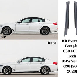 Praguri laterale M-Tech pentru BMW Seria 5 G30 (2017-2020) – vedere comparativă înainte și după instalare. Oferă un look sportiv și uniform, completând pachetul exterior M-Tech LCI.