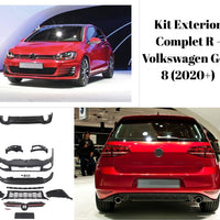 Piese componente kit exterior R compatibil Volkswagen Golf 8 2020+, afișate din față pe fundal alb: bară față, grilă centrală, difuzor spate, ornamente.