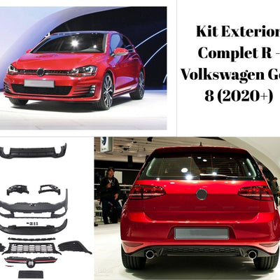 Colaj cu Volkswagen Golf 8 echipat cu kit exterior R complet – vedere față și spate – plus piese componente prezentate separat.