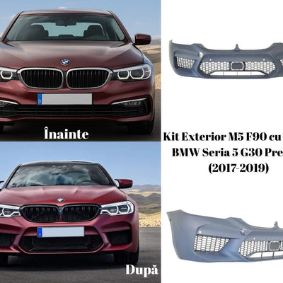 Transformare frontală BMW Seria 5 G30 Pre LCI (2017-2019) cu pachet M5 F90 – comparație înainte și după tuning, inclusiv bară față și grilă sport