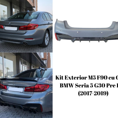 Comparație bară spate tuning M5 F90 pe BMW Seria 5 G30 Pre LCI – look sportiv cu difuzor și evacuări duble, upgrade complet vizual