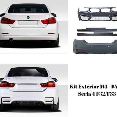 Vedere frontală a unui BMW F32 cu kit exterior M4 montat – look agresiv, bară față M4 și grilă largă.