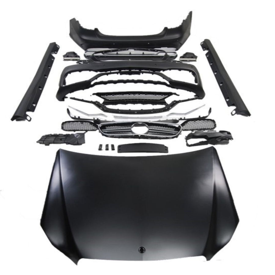 Kit exterior complet cu bară față, spate, capotă, grile și praguri laterale pentru Mercedes E-Class W212 facelift, transformare E63 AMG.