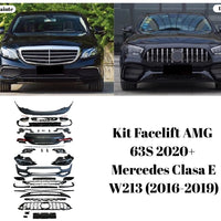 Pachet exterior complet AMG 63S Look pentru Mercedes Clasa E W213 (2016–2019), include bare, grile, faruri, stopuri, capac portbagaj și ornamente evacuare
