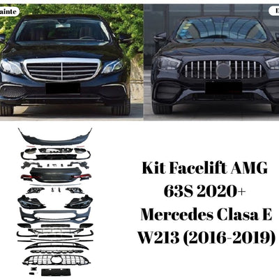Transformare frontală Mercedes E W213 cu kit facelift AMG 63S 2020+, comparativ între aspectul original și noul design sportiv