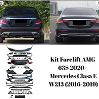 Pachet exterior complet AMG 63S Look pentru Mercedes Clasa E W213 (2016–2019), include bare, grile, faruri, stopuri, capac portbagaj și ornamente evacuare