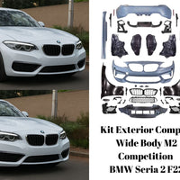 Imagine frontală cu toate componentele kitului exterior Wide Body M2 Competition pentru BMW Seria 2 F22, inclusiv bare, grile, aripi și praguri laterale