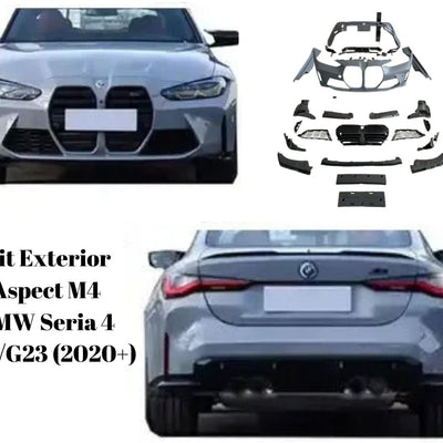 BMW Seria 4 G22/G23 echipat cu kit exterior M4 – vedere frontală agresivă și spate sportiv cu evacuare dublă și difuzor integrat, aspect tuning premium.