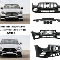 Kit complet bară față E63 AMG look - vedere din mai multe unghiuri cu toate componentele incluse.
