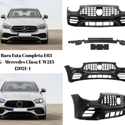 Colaj comparativ înainte și după montaj bară față E63 AMG look pe Mercedes Clasa E W213 (2021+).