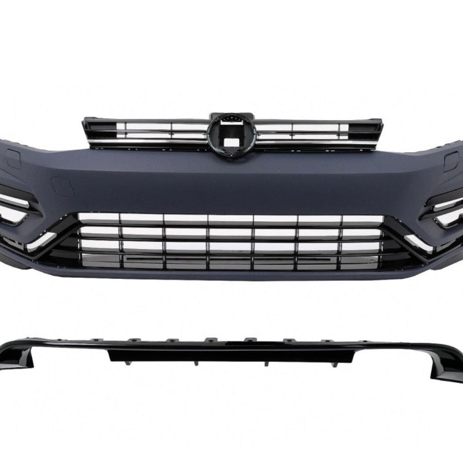 Kit bară față GTI cu difuzor integrat pentru Volkswagen Golf 7.5 (2017-2020), realizat din plastic ABS durabil, pregătit pentru vopsire.