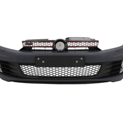  Kit complet bară față și grilă GTI compatibil cu Volkswagen Golf 6 MK6 (2009–2012), vedere frontală cu design fagure și contur roșu