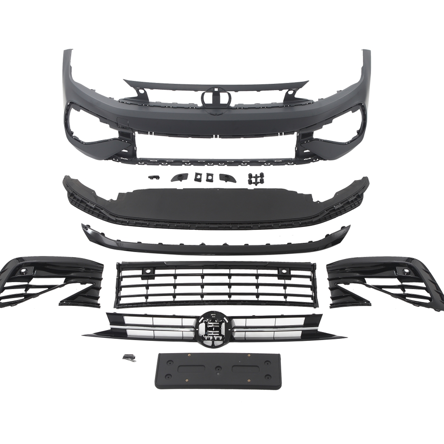 Kit bară față R-Line Volkswagen Polo 2018+, toate componentele vizibile pentru montaj aftermarket