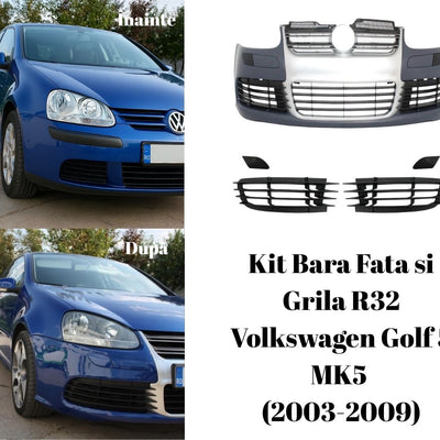 Kit bară față R32 montat pe VW Golf 5 MK5 – vedere laterală comparativă a transformării vizuale
