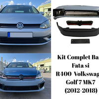 Kit complet aftermarket pentru Volkswagen Golf 7 MK7 (2012–2018), include bară față R400 Design, grilă centrală neagră cu detalii roșii, splitter inferior și suport număr.