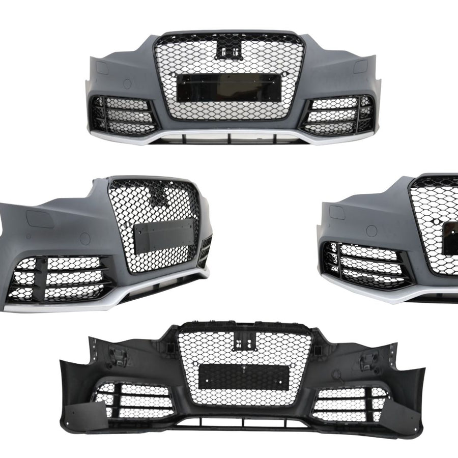 Colaj cu bară față RS5 pentru Audi A5 8T, prezentată din mai multe unghiuri, cu vedere frontală, laterală și interior