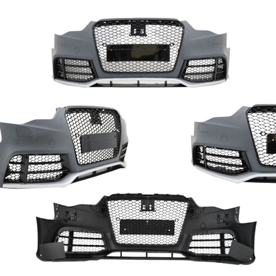 Colaj cu bară față RS5 pentru Audi A5 8T, prezentată din mai multe unghiuri, cu vedere frontală, laterală și interior