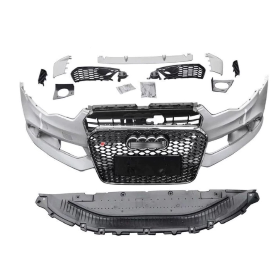 Kit bară față RSQ3 Design compatibil cu Audi Q3 8U (2011–2014), complet cu grilă centrală tip fagure negru și rame cromate, produs aftermarket.