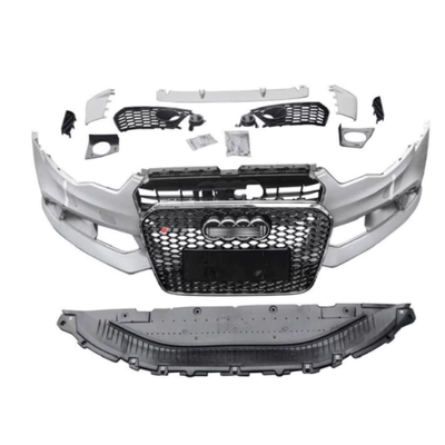 Kit bară față RSQ3 Design compatibil cu Audi Q3 8U (2011–2014), complet cu grilă centrală tip fagure negru și rame cromate, produs aftermarket.