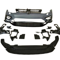 Imagine cu kit complet bară față și grilă R Design pentru Volkswagen Golf 7 și 7.5 (2012–2020), piesele fiind prezentate separat, incluzând bara față, grilele centrale și laterale, suporturi și accesorii, fabricate din polipropilenă rezistentă.