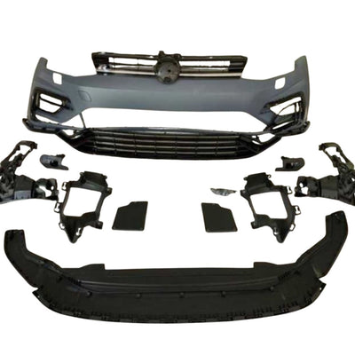 Vedere detaliată a kitului bară față R Design pentru Volkswagen Golf 7/7.5 (2012–2020), asamblat parțial, cu grila centrală montată și componentele laterale poziționate în jur, evidențiind calitatea finisajului și designul sportiv.
