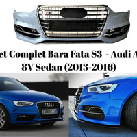 Bară față design S3 pentru Audi A3 8V Sedan, compatibilă cu modelele 2013–2016. Kit complet aftermarket, pregătit pentru vopsire și montaj.