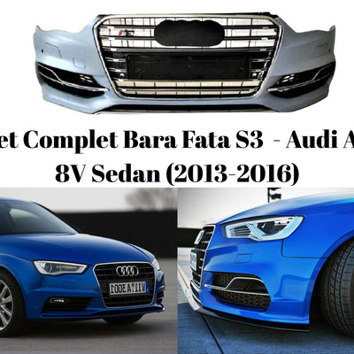 Set bară față S3 pentru Audi A3 8V Sedan, cu imagini înainte și după instalare. Ideal pentru tuning exterior cu look agresiv.
