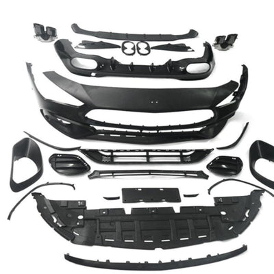 Set complet bară față CLA 45 AMG compatibil Mercedes C118, include grile, suporturi senzori PDC și elemente aerodinamice