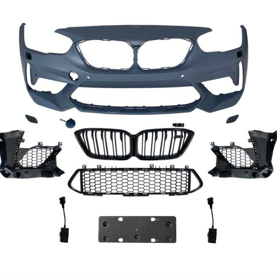 Set complet bară față M2 Competition pentru BMW Seria 1 F20/F21 LCI (2015–2019), include grile fagure, suport senzori PDC și mască 