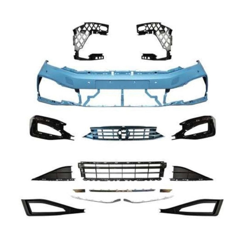 Kit complet bară față și grilă centrală R-Line pentru Volkswagen Passat B8.5 (2020+), vedere frontală cu toate componentele incluse.