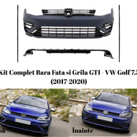Kit bară față GTI cu difuzor integrat pentru Volkswagen Golf 7.5 (2017-2020), realizat din plastic ABS durabil, pregătit pentru vopsire.