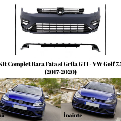Kit complet bară față și grilă GTI pentru Volkswagen Golf 7.5 (2017-2020), prezentare înainte și după montaj, transformare estetică sportivă.