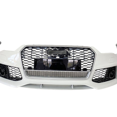 Bară față completă RS7 pentru Audi A7 4G8, cu design agresiv, finisaj alb lucios și grilă fagure cu ramă cromată