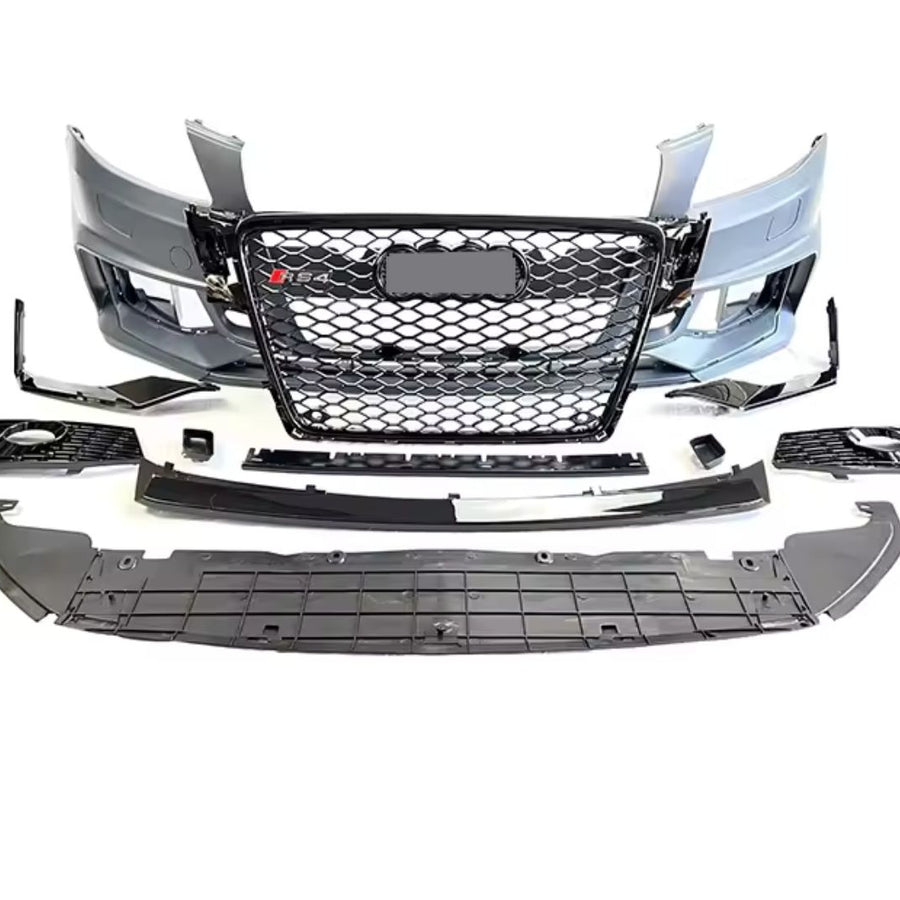 Vedere de sus a kitului complet bara față RS4 Look pentru Audi A4 B8, incluzând grilă tip fagure, elemente de fixare, spoilere laterale și protecții inferioare.

